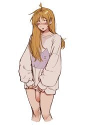 ahoge animal_print black_eyes blonde_hair blush bocchi_the_rock! bottomless cat_print commentary covering_privates cowboy_shot dot_nose english_commentary female futanari grey_sweater highres ijichi_nijika long_hair long_sleeves looking_to_the_side maya_(daydreambonsai) nose_blush open_mouth penis puffy_long_sleeves puffy_sleeves pulling_own_clothes raised_inner_eyebrows simple_background sleeves_past_wrists smile solo sweater white_background