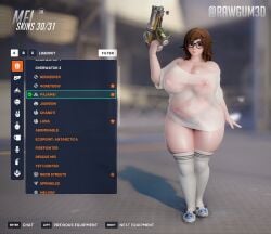 1girls 3d alternate_costume blizzard_entertainment brown_hair chubby female game_ui mei_(overwatch) overwatch overwatch_2 overwatch_archives pajamas pajamei rawgum text thick_thighs