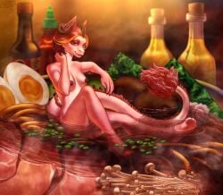 2025 absurd_res animal_humanoid anthro artist_name bent_legs blush bodily_fluids bottle bowl breasts broth claws colored container digital_drawing_(artwork) digital_media_(artwork) dragon dragon_humanoid egg feet female fingers food full-length_portrait fungus genitals hair half-closed_eyes hi_res horn humanoid kobold meat micro mushroom mythological_creature mythological_scalie mythology narrowed_eyes nipples noodles nude nude_anthro nude_female old_squatter onion partially_submerged plant portrait ramen ramen_bowl ramen_noodles red_body red_eyes red_hair sause scalie seaweed seductive shaded signature slim smile solo soup steam steaming_body sweat sweaty_breasts sweaty_legs sweaty_thighs tail text toes vegetable vulva wide_hips