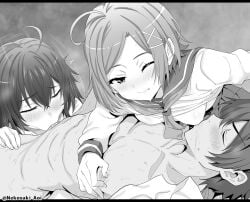 1boy 2girls ahoge blush breastfeeding breasts brother_and_sister brother_and_sister_threesome closed_eyes clothed_female_nude_male collared_shirt commentary_request commission deepthroat fellatio ffm_threesome greyscale group_sex hair_ornament highres hikigaya_hachiman hikigaya_komachi incest lactation long_hair looking_at_another looking_at_viewer lying monochrome multiple_girls nekosaki nipple_stimulation nude oerba_yun_fang on_back one_eye_closed oral pixiv_commission sailor_collar shirt short_hair siblings small_breasts threesome twitter_username wince x_hair_ornament yahari_ore_no_seishun_lovecome_wa_machigatteiru. yukinoshita_yukino