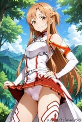 1boy ai_generated armor breastplate brown_eyes brown_hair bulge femboy forest genderswap_(ftm) hand_on_hip lifted_by_self looking_at_viewer male outdoors red_skirt rule_63 solo standing sword_art_online tagme tehmar tied_hair trap yuuki_asuna