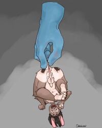 4:5 absurd_res anthro ass big_butt blue_hand buckteeth dangling databased floating_hand fur genitals hi_res male markings penis simple_background small_penis solo spots spotted_body spotted_fur teeth upside-down