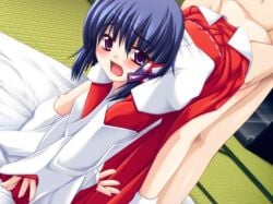 blue_hair blush clothed_sex doggy_style female hair_ribbon open_mouth purple_eyes sex short_hair straight striped tatami