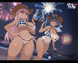 4th_of_july american_flag_bikini beach bikini blue_eyes blue_hair breasts cowboy_hat earrings fireworks gun healerart hololive hololive_english hololive_english_-council- hololive_english_-promise- hololive_myth huge_breasts kronie_(ouro_kronii) long_hair micro_bikini mori_calliope ocean ouro_kronii outside pink_eyes pink_hair revolver short_hair swimsuit tan tanline tanlines underboob veil virtual_youtuber