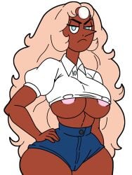 1girls areola_slip areolae barely_contained barely_contained_breasts big_ass big_breasts big_butt blackmorty_(artist) blonde_hair booty_shorts button_down_shirt cameltoe cleavage connie_maheswaran dark-skinned_female erect_nipples fusion gem_(species) long_hair nipple_bulge nipples nipples_visible_through_clothing peach_hair pearl_(steven_universe) pearlie_(blackmorty) puffy_sleeves short_shorts shorts steven_universe thick_thighs underboob