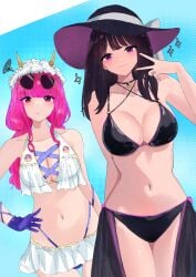 2girls bikini black_hair bouquet_(super_sentai) cleavage female fillipatch hat ichikawa_sumino large_breasts multiple_girls no.1_sentai_gozyuger pink_eyes pink_hair purple_eyes sun_hat super_sentai swimsuit