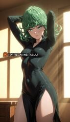 ai_generated arms_behind_head arms_up black_dress breasts closed_mouth collarbone collared_dress covered_navel cowboy_shot curly_hair dress female flipped_hair green_eyes green_hair indoors light_particles light_rays long_sleeves looking_at_viewer medium_breasts meitabuu one-punch_man short_hair side_slit sidelighting skin_tight small_breasts smile solo sunbeam sunlight tatsumaki taut_clothes taut_dress thighs tight_clothes tight_dress window