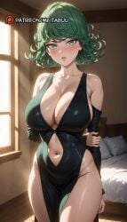 ai_generated alternate_breast_size arm_behind_back bare_shoulders bed bedroom black_dress black_sleeves blush breasts cleavage clothing_cutout collarbone cowboy_shot curly_hair day detached_sleeves dress female flipped_hair green_eyes green_hair groin holding_own_arm huge_breasts indoors large_breasts long_sleeves looking_at_viewer meitabuu navel navel_cutout no_panties one-punch_man parted_lips pelvic_curtain pillow short_hair side_slit solo standing sunlight tatsumaki thighs window