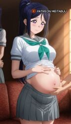 1boy 1other 2girls ai_generated belly_grab big_belly blue_hair blush breasts closed_mouth clothes_lift couch embarrassed green_neckerchief grey_sailor_collar grey_skirt hand_on_another's_stomach hand_on_own_stomach hands_on_own_stomach high_ponytail indoors large_breasts long_hair looking_down love_live! love_live!_sunshine!! matsuura_kanan meitabuu miniskirt multiple_girls navel neckerchief pleated_skirt ponytail pregnant purple_eyes sailor_collar school_uniform serafuku shirt shirt_lift short_sleeves sidelocks skirt solo_focus standing stomach sunlight uranohoshi_school_uniform white_shirt