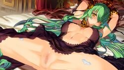 armpits arms_up bed black_dress blush breasts censored cleavage cleavage_cutout cleft_of_venus clothing dress erect_nipples erect_nipples_under_clothes female game_cg green_hair groin hair_over_one_eye highres hornet_(rance) legs long_hair looking_at_viewer lying medium_breasts mosaic_censoring navel no_panties on_bed orion_(orionproject) parted_lips pillow pussy rance_(series) rance_10 shaved_pussy solo spread_legs thighs veil yellow_eyes