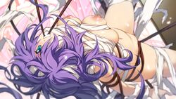 areolae bandage blue_eyes bondage breast_squeeze breasts clenched_teeth female floating_hair game_cg hair_over_one_eye highres large_breasts legs long_hair looking_at_viewer lying mouth_hold navel nipples nude orion_(orionproject) purple_hair rance_(series) rance_10 rope solo spread_legs thighs