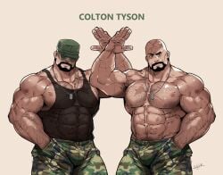 1boy 2025 abdominal_scar abs artist_name bald bara beard biceps black_clothing black_facial_hair black_tank_top black_​shirt black_​topwear body_​hair bullet_wound camo camo_pants camo_​clothing camo_​print character_name chest_scar clothed clothing deltoids eyewear facial_​hair fishnet_tank_top green_hat green_pants green_​bottomwear green_​clothing green_​headwear hairy_arms hat head_scar headgear headwear human impliedcamo_​bottomwear male male_only muscular muscular_human muscular_male navel nipples obliques pants pattern_​bottomwear pattern_​clothing pattern_​pants pecs rybiok scar shirt shoulder_scar sunglasses tank_​top text topless topwear triceps vein veiny_muscles waving_hand