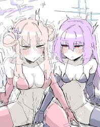 2girls atsuko_(blue_archive) bagaponchi bare_shoulders bikini bikini_top_only black_gloves black_thighhighs blue_archive blue_halo blush bottomless breasts double_bun elbow_gloves fingering gloves hair_between_eyes hair_bun halo highres large_breasts long_hair mika_(blue_archive) multiple_girls pink_gloves pink_hair pink_thighhighs purple_hair red_eyes sitting small_breasts swimsuit thighhighs yellow_eyes yuri