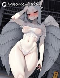 1girls ai_generated bikini_bottom_only blush breasts covered_nipples fang_(gvh) feathered_wings female furry furry_female goodbye_volcano_high grey_hair hand_on_own_head highleg highleg_bikini highleg_panties long_hair looking_at_viewer medium_breasts meevow navel nipples panties patreon_username red_eyes see-through see-through_shirt shirt short_sleeves solo stomach thighs underwear web_address wet wet_clothes wet_shirt white_panties white_shirt white_wings wide_hips wings