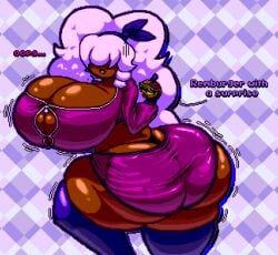ass ass_expansion big_ass big_breasts boob_window breast_expansion breasts dark-skinned_female eyes_covered holding_food long_hair pixel_(artwork) pixel_art puffy_hair purple_clothing purple_hair rember_(rememember_er) rememember_er text thick_thighs thigh_expansion thighs thong thong_straps wardrobe_malfunction