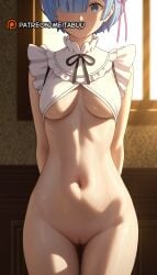 ai_generated arms_behind_back ass_visible_through_thighs black_ribbon blue_eyes blue_hair bottomless breasts closed_mouth cowboy_shot female flower_knot frills hair_ornament hair_over_one_eye hair_ribbon indoors looking_at_viewer maid medium_breasts meitabuu navel pink_ribbon pussy re:zero_kara_hajimeru_isekai_seikatsu rem_(re:zero) ribbon short_hair solo standing stomach sweat thigh_gap thighs uncensored underboob window x_hair_ornament