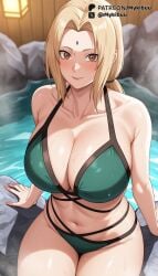 ai_generated bare_arms bare_shoulders bikini blonde_hair blush boruto:naruto_next_generations breasts brown_eyes cleavage closed_mouth collarbone facial_mark female forehead_mark green_bikini huge_breasts large_breasts lips long_hair looking_at_viewer low_twintails mature_female mykibuu naruto naruto(series) naruto_(series) navel onsen rock sitting smile solo steam stomach swimsuit thighs tsunade tsunade_(naruto) twintails water wet