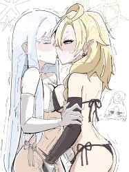 2girls ahoge asymmetrical_docking ayame_(blue_archive) bagaponchi bare_shoulders bikini black_bikini black_gloves blonde_hair blue_archive blush breast_press breasts elbow_gloves fingering french_kiss gloves halo highres kikyou_(blue_archive) kissing large_breasts long_hair multiple_girls nagusa_(blue_archive) pointy_ears red_eyes side-tie_bikini_bottom swimsuit white_background white_bikini white_gloves white_hair yuri