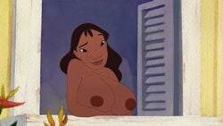 big_breasts black_hair breasts brown_skin dark-skinned_female dark_skin disney edit female female_only huge_breasts lilo_and_stitch lipstick long_hair nani_pelekai nipples poivoit screenshot screenshot_edit smile