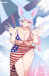 1girls 4th_of_july absurd_res american_flag american_flag_bikini american_flag_bikini_bottom american_flag_bikini_top areola_slip areolae bikini_top_pull blue_eyes blue_hair breasts cleavage female female_only holidays huge_breasts indie_virtual_youtuber large_breasts lifting_bikini_top lifting_bra light-skinned_female light_skin looking_at_viewer luxurias nipple_peek nipple_slip nipples nipples_visible_through_clothing pink_hair portrait silvervale smiling smiling_at_viewer solo solo_female sweat sweatdrop sweating sweaty sweaty_body sweaty_breasts taking_photo taking_picture virtual_youtuber vtuber wolf wolf_ears wolf_girl wolf_tail