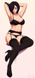 1girls arms_up black_hair blush breasts cleavage curvy female female_only freckles garter_belt green_eyes hair_over_one_eye high_heels large_breasts lingerie looking_at_viewer mole panties pose razalor scar solo thick_thighs thighhighs wide_hips