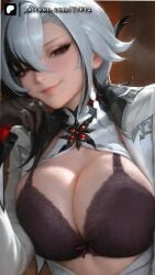 ai_generated arlecchino_(genshin_impact) bra breasts female female_only genshin_impact gloves huge_breasts long_sleeves looking_back naughty_face open_clothes trugprz upper_body white_hair