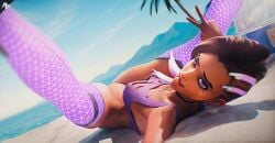 3d 3d_(artwork) beach beauty_mark beauty_mark_under_eye big_breasts black_hair bottomless bottomless_female breasts choker clothed clothed_female clothing dark-skinned_female dark_skin female female_focus female_only hand_gesture laying_down laying_on_back looking_back looking_back_at_viewer multicolored_hair open_mouth open_mouth overwatch overwatch_2 partially_clothed partially_clothed_female peace_sign pose posing purple_highlights pussy ripped_clothing ripped_shirt ripping_clothing rubixx_nsfw shiny shiny_skin short_hair short_hair_female solo solo_female solo_focus sombra thigh_highs thighhighs tongue tongue_out v_sign watermark