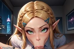 1boy :>= ai_generated blonde_hair blush braid deepthroat fellatio female green_eyes hair_ornament hairclip hi_res high_resolution indoors long_hair looking_at_viewer male night oral parted_bangs patreon penis pointy_ears pov princess_zelda shirt solo_focus straight vexnflex watermark white_shirt window