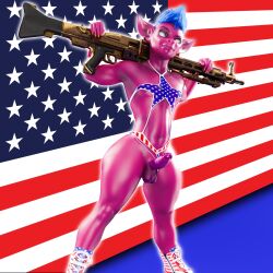 3d 3d_(artwork) american_flag american_flag_bikini balls bikini blue_hair boots bustin3d claws ear_piercing footwear golden_gun gun highres imp looking_at_viewer male male_only nose_piercing penis piercing pupilless_eyes purple_body purple_skin ranged_weapon topwear
