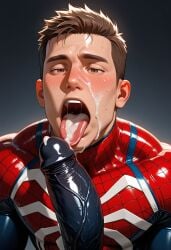 ai_generated blowjob cum_in_mouth cum_on_face huge_cock peter_parker spider-man_(ps4) tongue_out venom_(marvel)