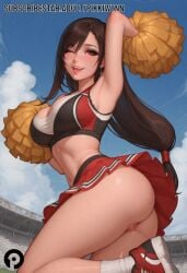 ai_generated arm_up armpits ass bangs black_hair blue_sky breasts brown_hair cheerleader cleavage cloud crop_top day earrings female final_fantasy final_fantasy_vii final_fantasy_vii_remake holding jewelry large_breasts long_hair looking_at_viewer low-tied_long_hair midriff miniskirt no_panties one_eye_closed open_mouth outdoors pikkiwynn pleated_skirt pom_pom_(cheerleading) pussy red_eyes red_footwear red_skirt shoes skirt sky smile sneakers socks solo sweat thighs tifa_lockhart