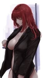absurdres ass big_ass big_breasts black_jacket breasts chainsaw_man cleavage closed_mouth collarbone commentary_request control_devil female female_focus female_only highres hips hips_wider_than_shoulders huge_breasts jacket jacket_only large_breasts long_hair looking_down makima_(chainsaw_man) mommy mommy_makima naked_under_jacket naked_underneath open_clothes open_jacket red_hair side_view sideboob sif221 simple_background small_smile smile solo thick_ass thick_thighs thighs thinking wet wet_hair yellow_eyes