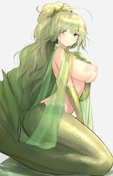 1girls ass breasts brown_eyes crown curly_hair elbow_gloves eyebrows_visible_through_hair female female_only fish_girl gloves green_gloves green_hair green_tail grey_background jpeg large_breasts long_hair looking_at_viewer mermaid mermaid_ass mermaid_girl mermaid_position mermaid_princess mermaid_tail monster_girl naso4 nipples original seduction seductive seductive_eyes seductive_look seductive_mouth seductive_pose seductive_smile simple_background smile solo thighs tiara topless very_long_hair webbed_hands