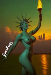1girls ai_generated bay big_breasts breasts colored_skin commission empty_eyes female hand_up hat_only holding_object holding_torch navel pinup posing rousherte self_upload solo_female star_nipples statue_of_liberty sunset tagme