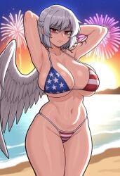 1girls 2d 4th_of_july ai_generated american_flag_bikini armpit arms_behind_head beach belly belly_button big_breasts blurred_background braided_hair breasts breasts_bigger_than_head civitai cleavage disgusted evening feathered_wing female fireworks frown hands_behind_head looking_at_viewer mature_female navel outdoors red_eyes sagume_kishin self_upload shaded_face short_hair shoulder_tattoo silver_hair single_wing solo standing sunset tattoo thick_thighs thighs touhou white_hair white_wing