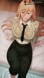 :p ai_generated black_necktie black_pants blonde_hair blush bra_visible_through_clothes breasts chainsaw_man collared_shirt cross-shaped_pupils demon_girl demon_horns female from_above hair_between_eyes horns indoors large_breasts long_hair long_sleeves looking_at_viewer mykibuu necktie on_bed pants power_(chainsaw_man) red_horns shirt shirt_tucked_in sitting smile soaking_feet solo symbol-shaped_pupils tongue tongue_out water wet wet_clothes wet_shirt white_shirt yellow_eyes