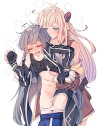 2girls black_gloves black_jacket black_tank_top blonde_hair blue_eyes blue_pants blush closed_eyes clothes_lift clothes_pull commentary_request emptyayya gloves grabbing_another's_breast grabbing_from_behind grey_hair groping highres jacket long_hair multiple_girls off_shoulder open_clothes open_jacket open_mouth panties pants pants_pull panty_pull pussy_juice saliva shirt_lift simple_background sky_striker_ace_-_raye sky_striker_ace_-_roze sweat tank_top underwear white_background white_panties yu-gi-oh! yuri