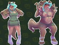 2017 3_heads 6_breasts anthro big_breasts blush breast_expansion breasts canine cerberus clothed clothing cyan_hair eyewear female glasses hair human legwear long_hair mammal multi_breast multi_head navel nipples open_mouth pillow reddishmaroon slightly_chubby smile socks solo standing surprise tail tongue tongue_out torn_clothes transformation