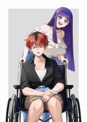 1girl1boy after_sex artist_name bare_shoulders big_breasts bite_mark broken_fingers fern_(sousou_no_frieren) frieren_beyond_journey's_end ice_pack inkspirate light-skinned_female light-skinned_male light_skin purple_eyes purple_hair red_hair scratches smiling sousou_no_frieren stark_(sousou_no_frieren) wheelchair