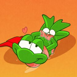 1:1 amphibian anthro argon_vile bedroom_eyes bodily_fluids bondage bondage bound cape clothing frog green_body heart_symbol hi_res hogtied legs_up long_tongue looking_at_viewer lying male narrowed_eyes on_front saliva seductive solo superfrog superfrog_(character) superhero tongue