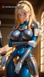 1boy ai_generated arm_grab arm_under_breasts armor black_hairband blonde_hair blue_bodysuit blue_eyes blush bodysuit boobplate breastplate breasts closed_mouth covered_navel cowboy_shot embarrassed faulds female furrowed_brow gloves hair_between_eyes hairband hand_on_own_arm holding_another's_arm holding_own_arm impossible_bodysuit impossible_clothes indoors large_breasts league_of_legends league_of_legends:_wild_rift long_hair looking_down lux lux_(league_of_legends) lux_legue_of_legends luxanna_crownguard male meitabuu parted_bangs patreon_username riot_games shiny_clothes shoulder_armor skin_tight solo_focus sweat sweatdrop thigh_gap vambraces white_gloves window