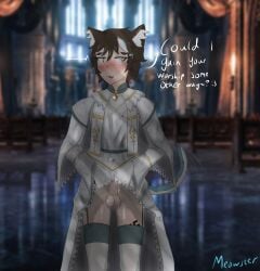 /n/ 2d blush brown_hair bulge bulge_through_clothing catboy dick discord_(app) embarrassed funny green_eyes highlights_(coloring) leaking light-skinned_male male male_only meowster030 nazi religion robe skirt skirt_lift solo stockings swastika text thighs worship
