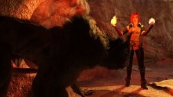 16:9 anthro barelymediocr3d canid canine clothed clothing duo elemental_manipulation female fire fire_manipulation genitals hair hi_res human knot knotted_penis magic male mammal mythological_canine mythological_creature mythology penis red_hair the_witcher triss_merigold werecanid werecanine werecreature werewolf widescreen