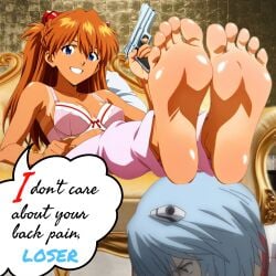 2girls alpha_female angry_sub asuka_langley asuka_langley_sohryu bare_legs bare_shoulders barefoot blue_eyes blue_hair blush bodysuit bondage bra breasts character_name clavicle closed_mouth clothing crown denim dress english_language feet feet_on_head female female_only femdom fetish foot_fetish foot_focus foot_stool footstool hair_between_eyes hair_ornament happy happy_dom happy_girl headwear human_footstool human_furniture humiliation insult interface_headset jeans kuudere leggings legs long_hair looking_at_viewer loser loser_submits multiple_girls neon_genesis_evangelion orange_hair pants pilot_suit pink_leggings pink_pants plugsuit pov_feet sitting smile smiling_female smug smug_face smug_smile soles solo talking_to_another tank_top tanned tanned_girl tease teasing toenails toes torn_clothes torn_jeans torn_pants tsundere wide_smile wiggling_toes