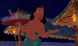 1girls alternate_version_available big_breasts black_hair breasts brown_skin dark-skinned_female dark_skin disney edit female female_only huge_breasts lilo_and_stitch nani_pelekai pasties poivoit screenshot screenshot_edit solo topless