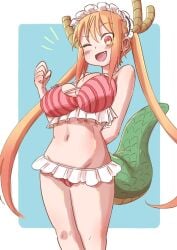 1girls arm_behind_back bikini blonde_hair blush breasts cleavage clenched_hand dragon_girl dragon_horns dragon_tail female horns long_hair maid_headdress miss_kobayashi's_dragon_maid netarou_(pixiv38022156) oerba_yun_fang one_eye_closed open_mouth slit_pupils smile solo standing stomach swimsuit tail thighs tohru_(dragon_maid) tummy twintails