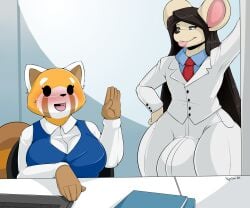 1boy 1boy1girl 1girl1boy 1girls 2d aggressive_retsuko anthro big_balls black_hair blush boss boss_and_employee bulge clothed clothing duo embarrassed female_anthro femboy femboy_on_female flustered formal formal_clothes formal_wear gang_xi_siyu huge_balls hung_femboy hyper hyper_balls hyper_bulge long_hair mammal mouse nightfaux office office_clothing office_lady open_mouth red_panda retsuko rodent sanrio sitting smooth_fur standing suit suit_and_tie workplace