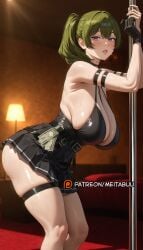 ai_generated arm_strap armpits banknote bare_shoulders belt black_belt black_choker black_dress black_gloves black_skirt blush breasts choker cleavage dress female frieren_beyond_journey's_end from_side gloves green_hair huge_breasts indoors lamp large_breasts leaning_forward looking_at_viewer meitabuu money parted_lips pleated_skirt pole pole_dancing ponytail purple_eyes side_ponytail sideboob single_glove skindentation skirt solo sousou_no_frieren standing stripper_pole sweat thigh_belt thigh_strap thighs ubel_(sousou_no_frieren)