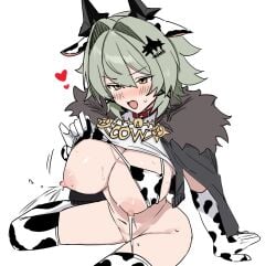 animal_ears animal_print arm_support bikini bikini_top_lift black_horns breasts caesar_king caesar_king_(zenless_zone_zero) clothes_lift cow_ears cow_print cow_print_bikini cow_print_gloves cow_print_thighhighs elbow_gloves fake_animal_ears female from_above gloves green_hair hair_between_eyes hair_intakes hair_ornament heart horns lactation large_breasts lifting_own_clothes long_hair nipples open_mouth print_bikini print_gloves print_thighhighs simple_background sitting solo swimsuit thighhighs white_background yellow_eyes yep_(70837259) zenless_zone_zero