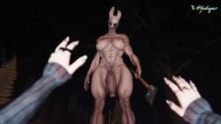 3d dead_by_daylight futanari hatchet huntress_(dead_by_daylight) long_fingernails mask mask_only masked_futa muscular_futa pov pubic_hair rings sable_ward veiny_penis yeetiques